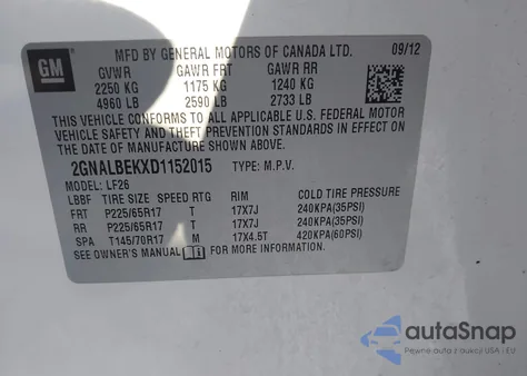 2013 Chevrolet Equinox Ls z USA, uszkodzony, nr VIN 2GNALBEKXD1152015